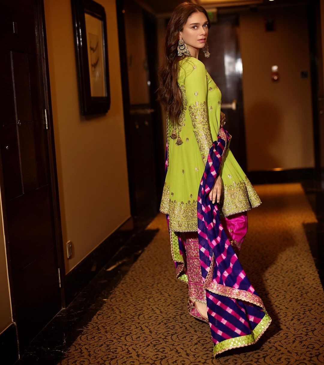 North Indian Actress Aditi Rao Hydari In Green Salwar Kameez